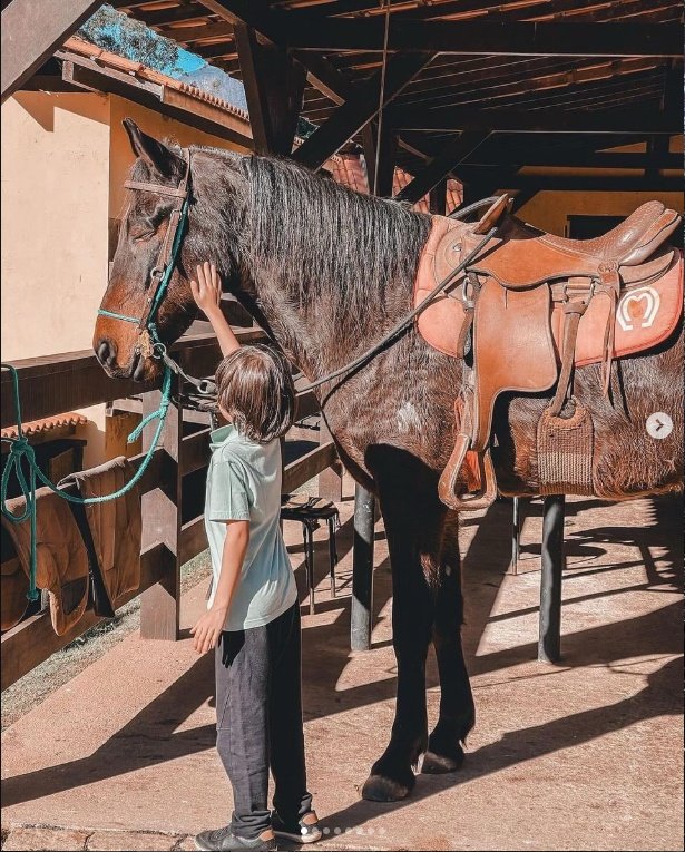 Criança em contato com cavalo na Fazenda Vale Imperial.