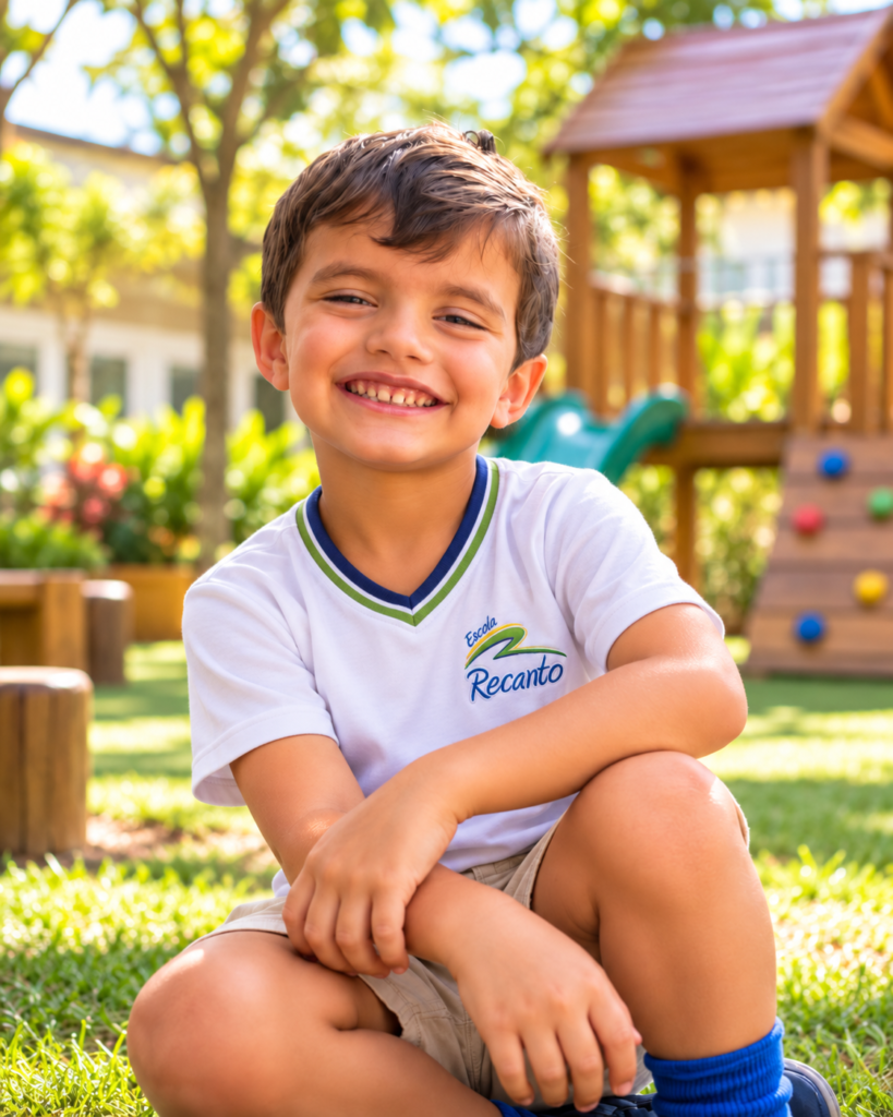 Mateus sorrindo com uniforme da Escola Recanto em ambiente escolar