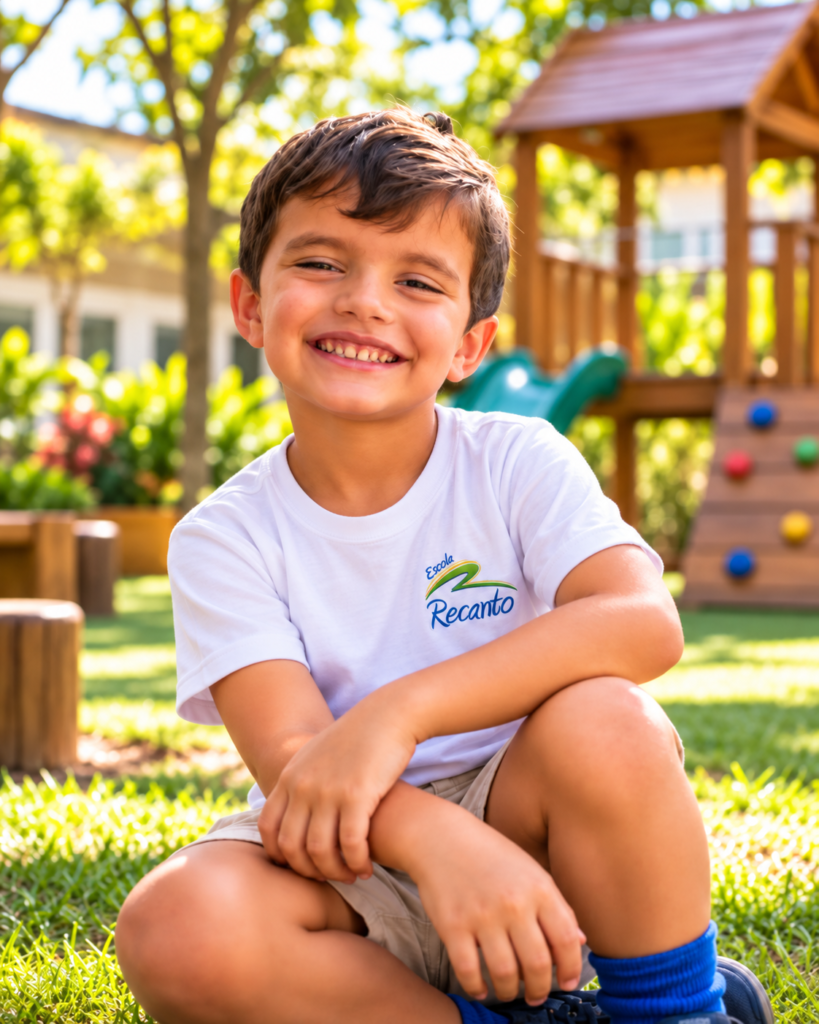 Aluno da Escola Recanto sorrindo no recreio com o uniforme oficial